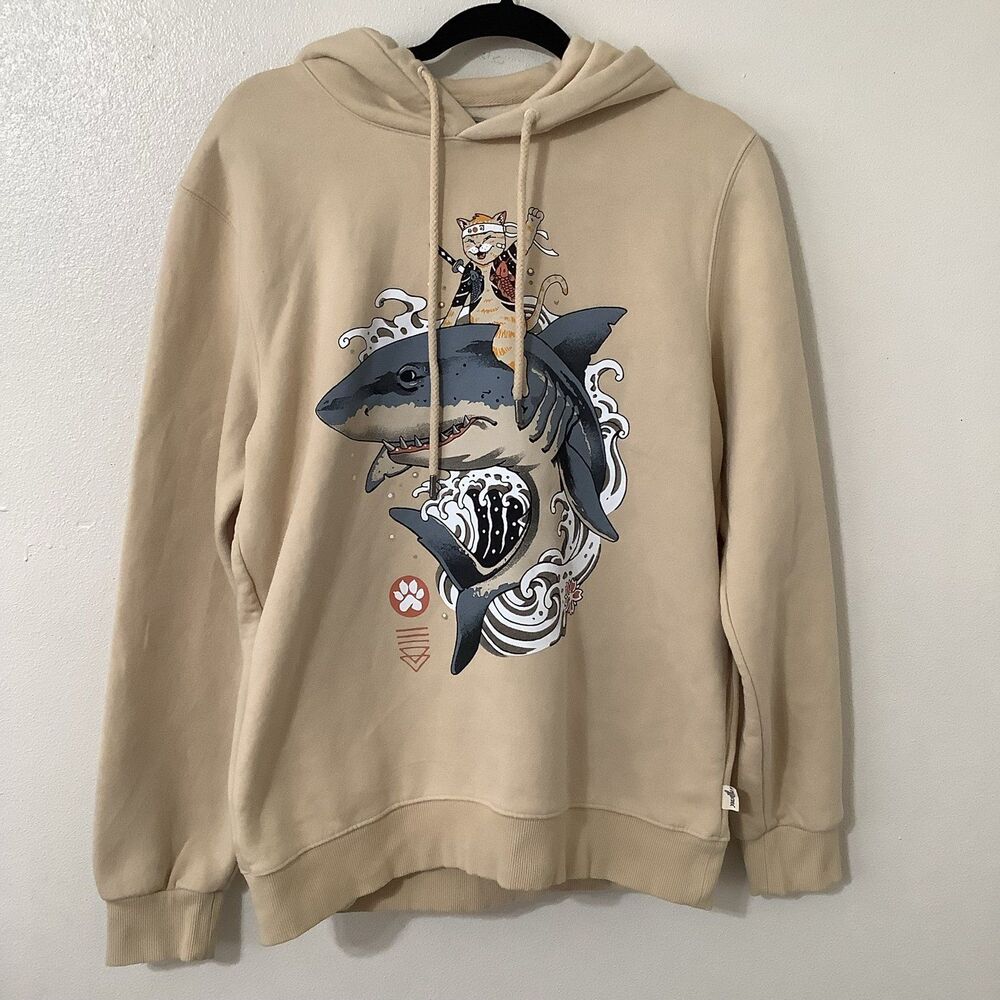 S-Ponder Y2K Style Graphic Funny Japanese Cat on Shark Cream‎ Cozy Hoodie XL